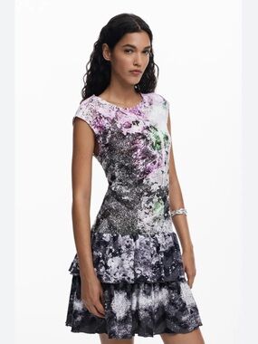 Desigual Splatter Print Sleeveless Tiered Mini Dress Sz Large Art to Wear Party